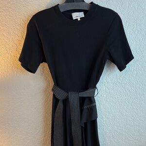 3.1 Phillip Lim Black Midi Dress with Striped Belt